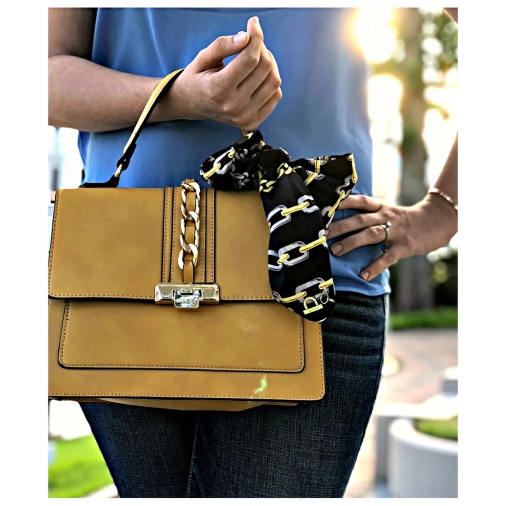 Aldo Block Handbag Yellow Gold Hardware  With Scarf Top Handle
